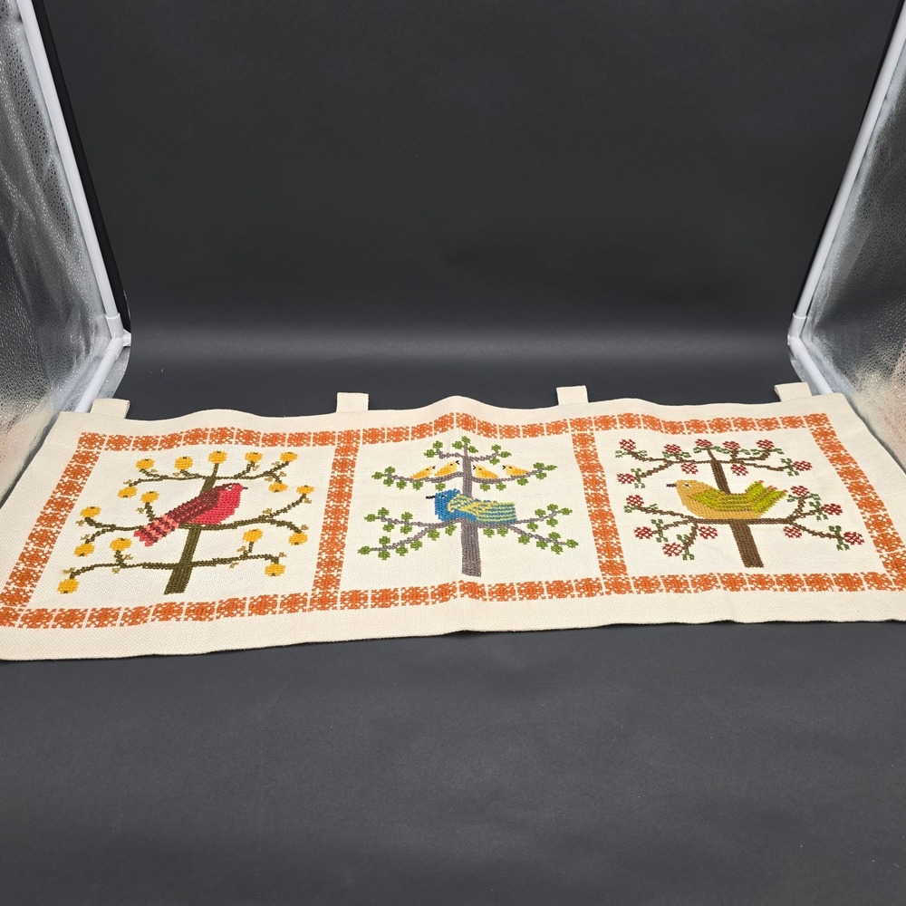 Vintage Handmade Needlepoint Bird Wall Hanging Cross Stitch Folk Art 3 Panel